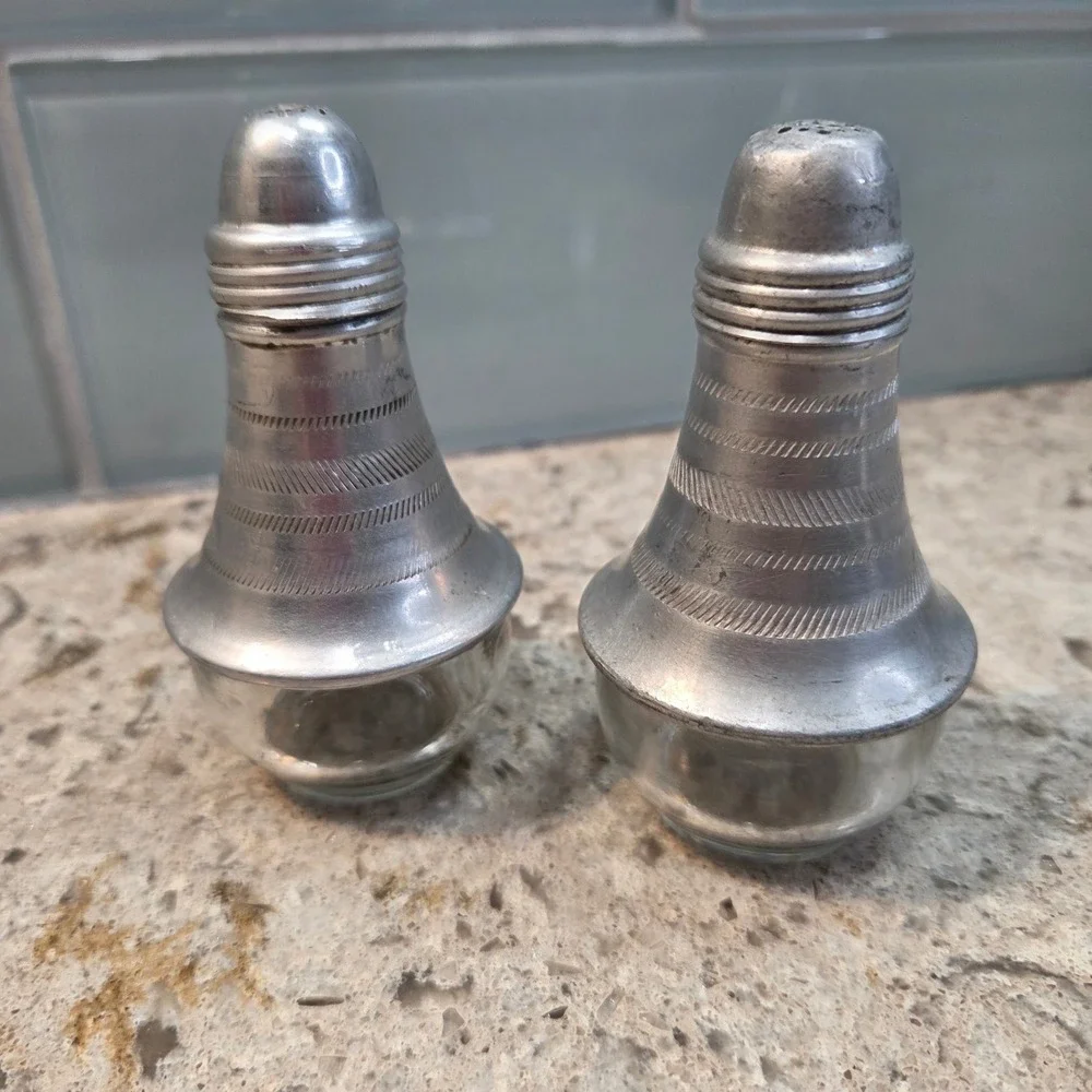 Vintage MCM Aluminum Glass Salt and Pepper Shakers Set Bell Shape 1950'S